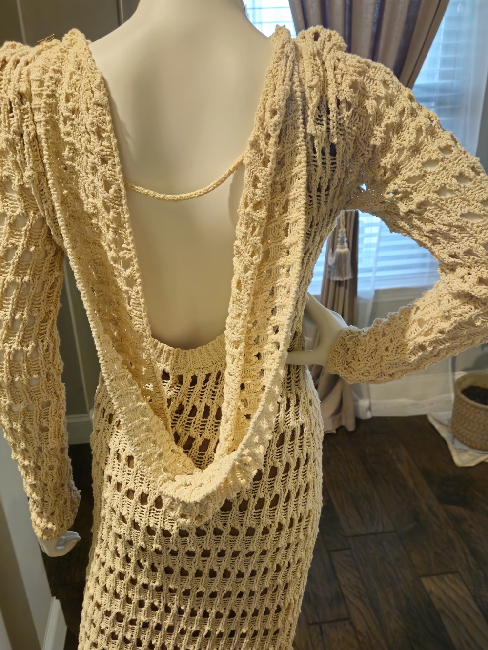 5JLUXLABEL Crochet Knit Overlay Maxi Dress in Cream w/Detachable Drape